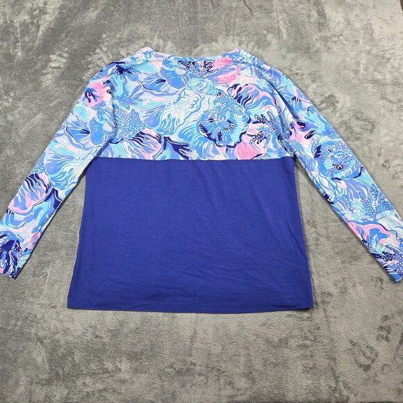 Lilly Pulitzer Top Womens Medium Blue Finn V Neck Shade Seekers Preppy Beachy - Picture 6 of 8